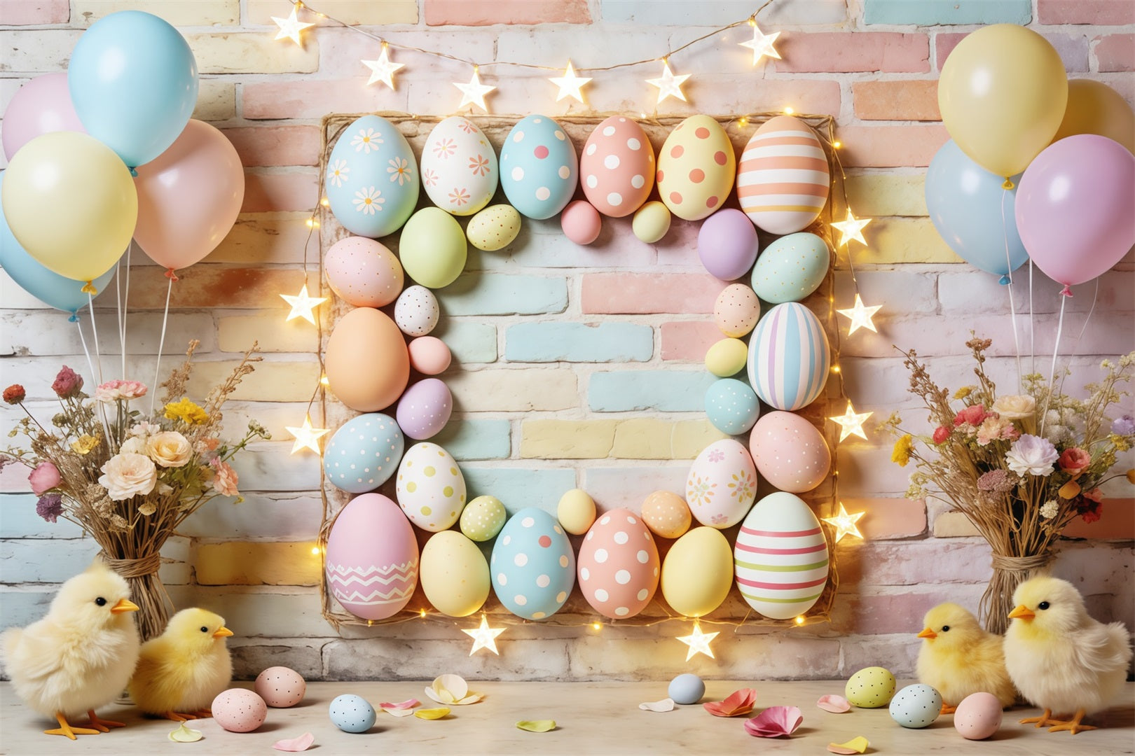 Easter Pastel Balloons Backdrop Egg Frame Star Lights Chicks Easter Picture Backdrops UK CSH63-9
