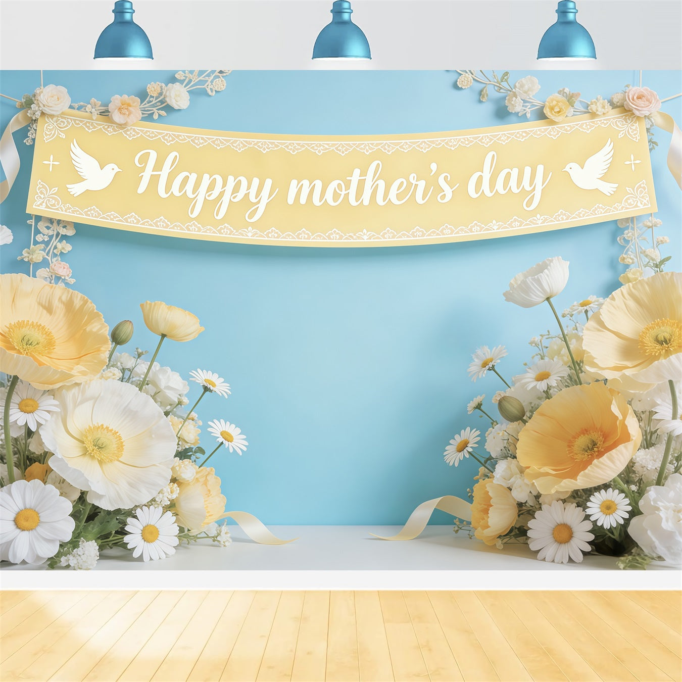 Mother's Day Backdrop For Church Blue Daisy Poppy Banner Photo Backdrops For Mothers Day UK CSH63-91
