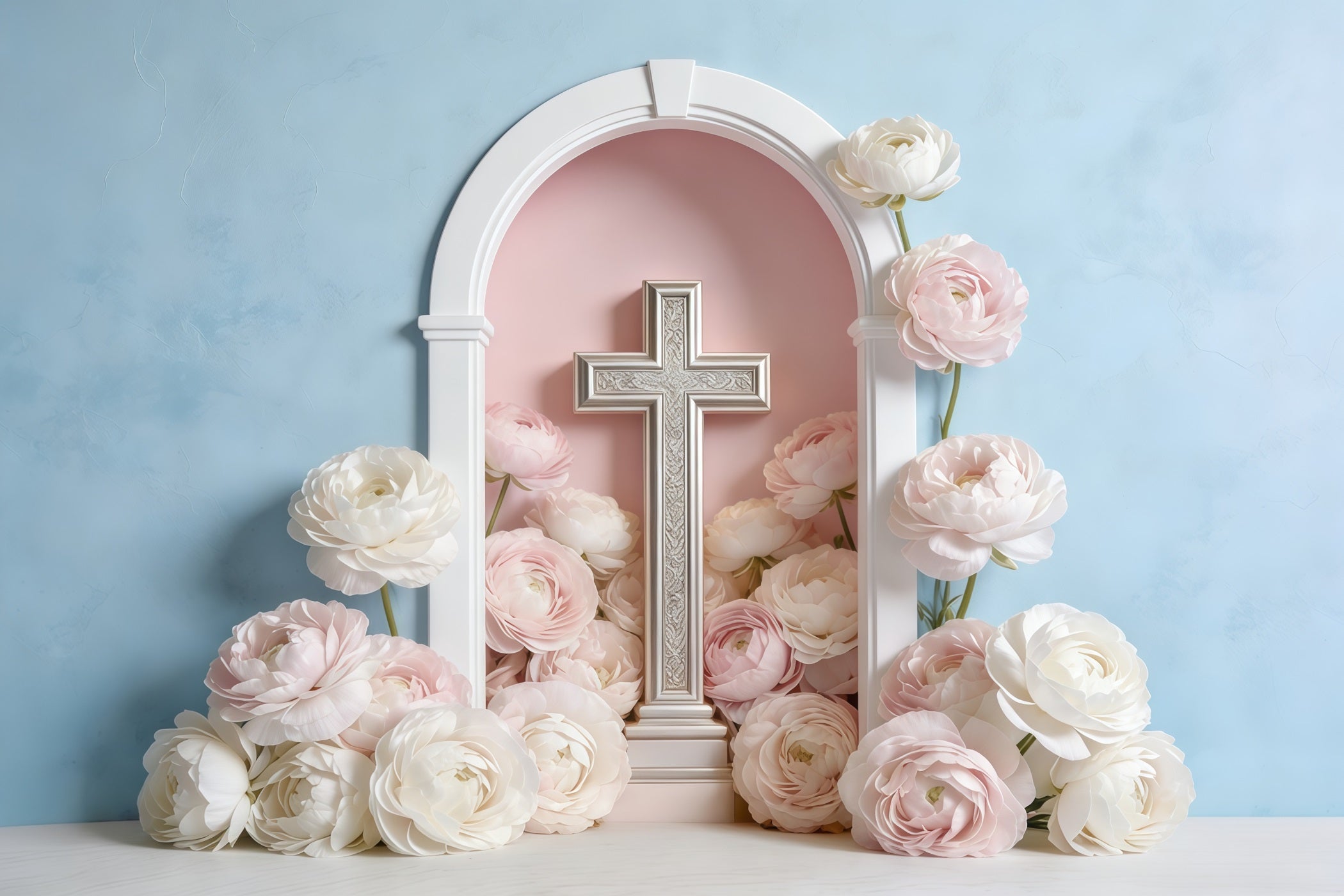 Mothers Day Backdrop For Church Pastel Floral Cross Arch Backdrop Mother's Day UK CSH63-92
