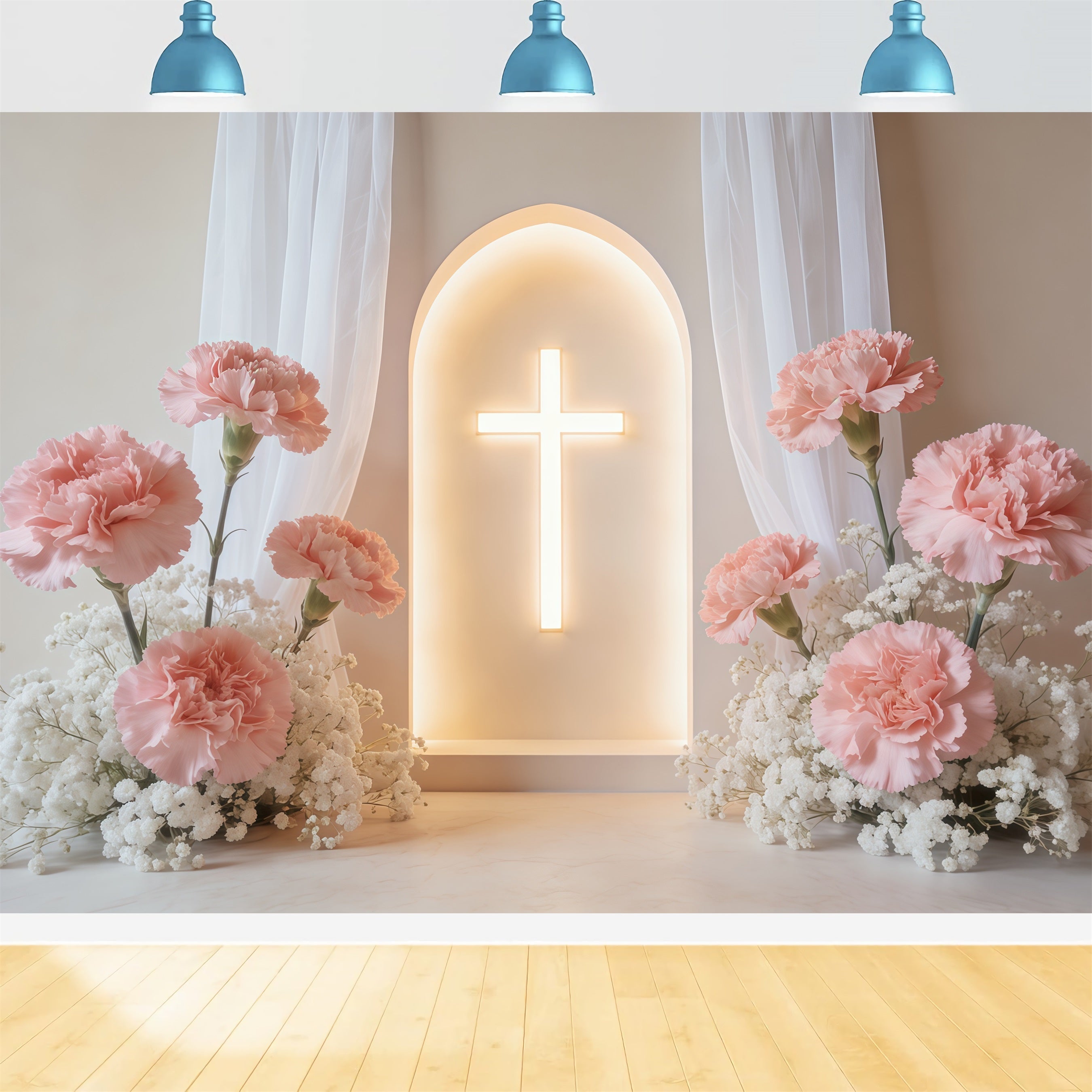 Mothers Day Backdrop For Church Glowing Carnation Cross Arch Backdrop Mother's Day UK CSH63-93