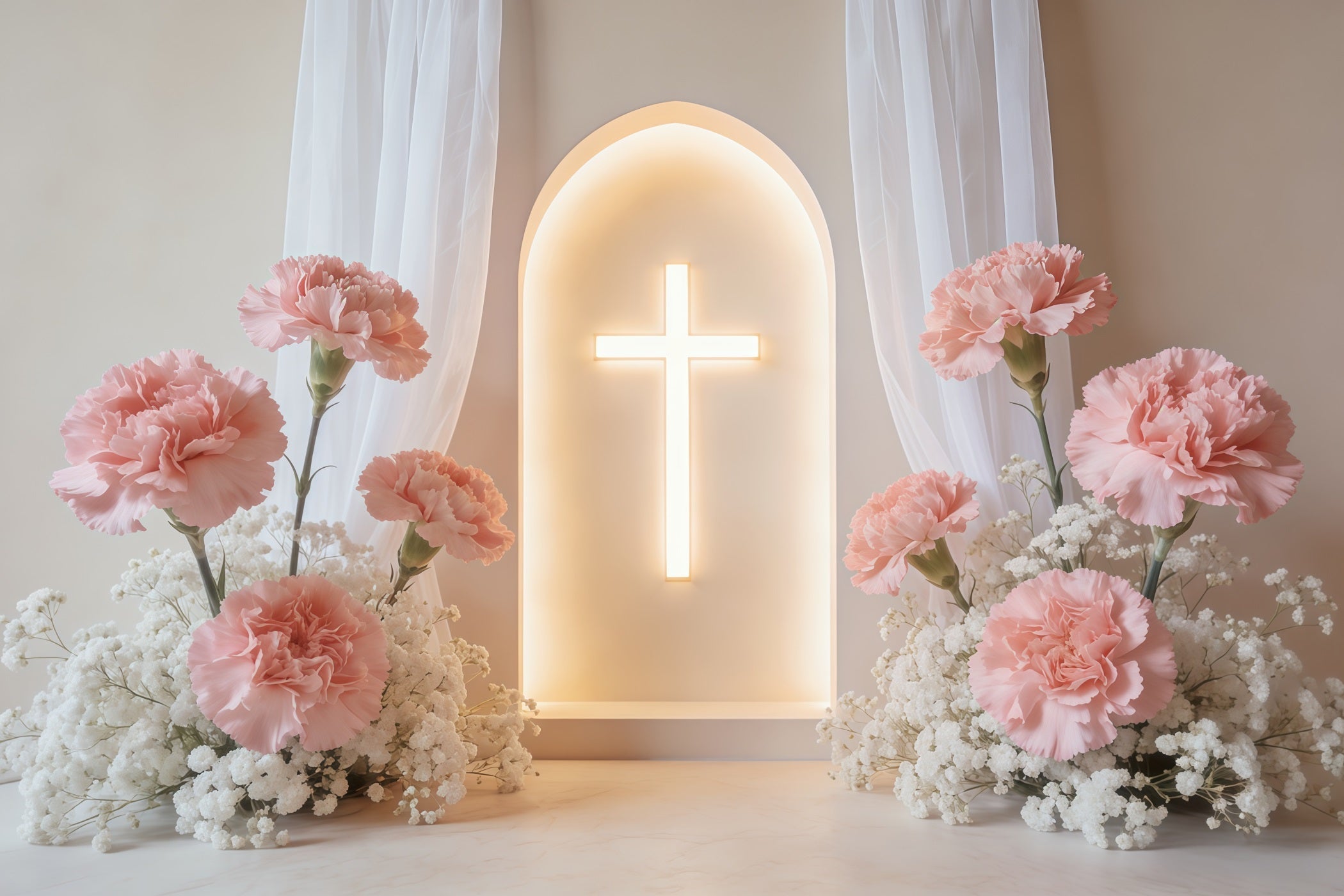 Mothers Day Backdrop For Church Glowing Carnation Cross Arch Backdrop Mother's Day UK CSH63-93