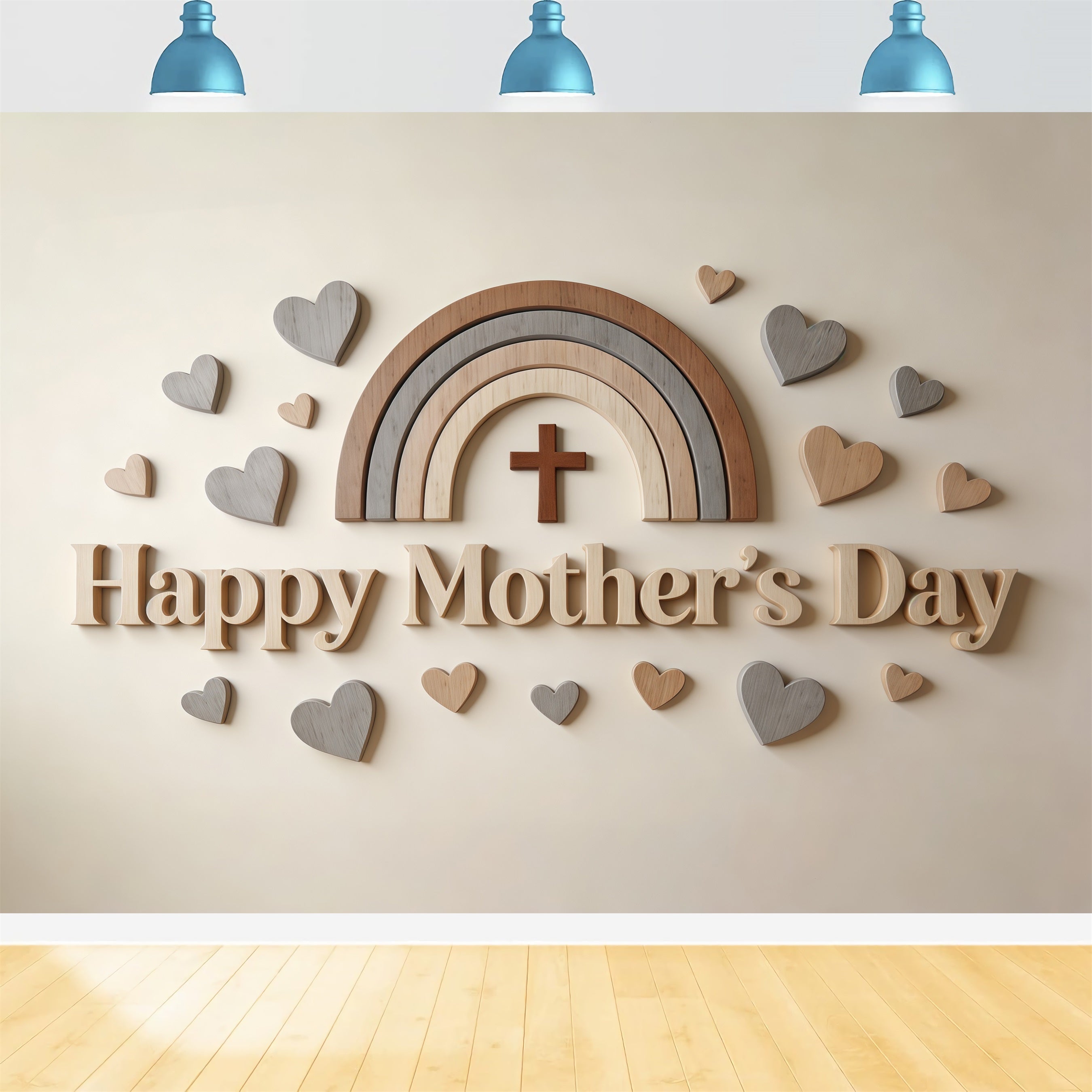 Church Mother's Day Backdrop Ideas Neutral Wooden Rainbow Hearts Backdrop For Mothers Day UK CSH63-94