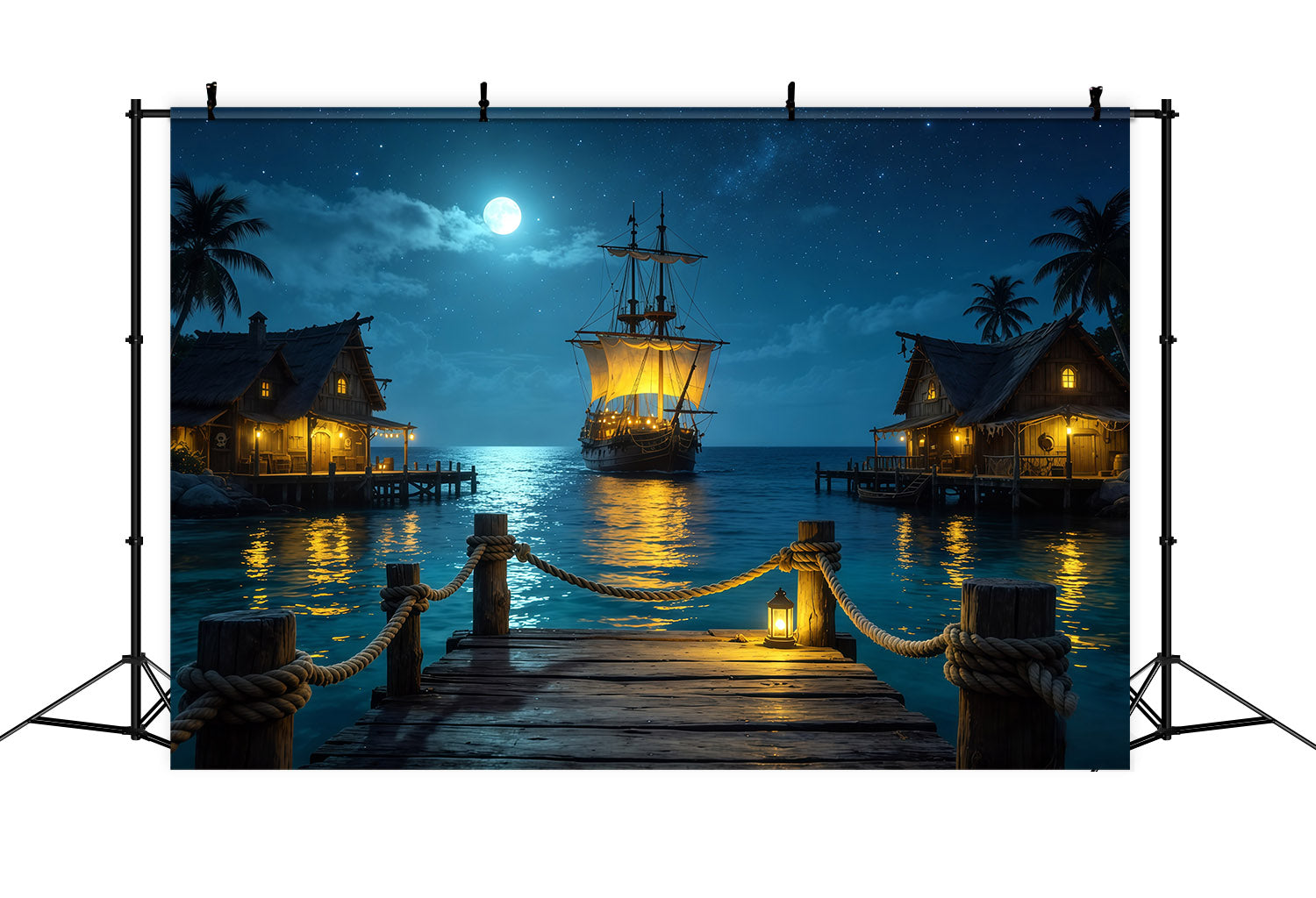Caribbean Backdrop Moonlit Pirate Harbor Sailing Ship Summer Backdrop UK CSH64-78