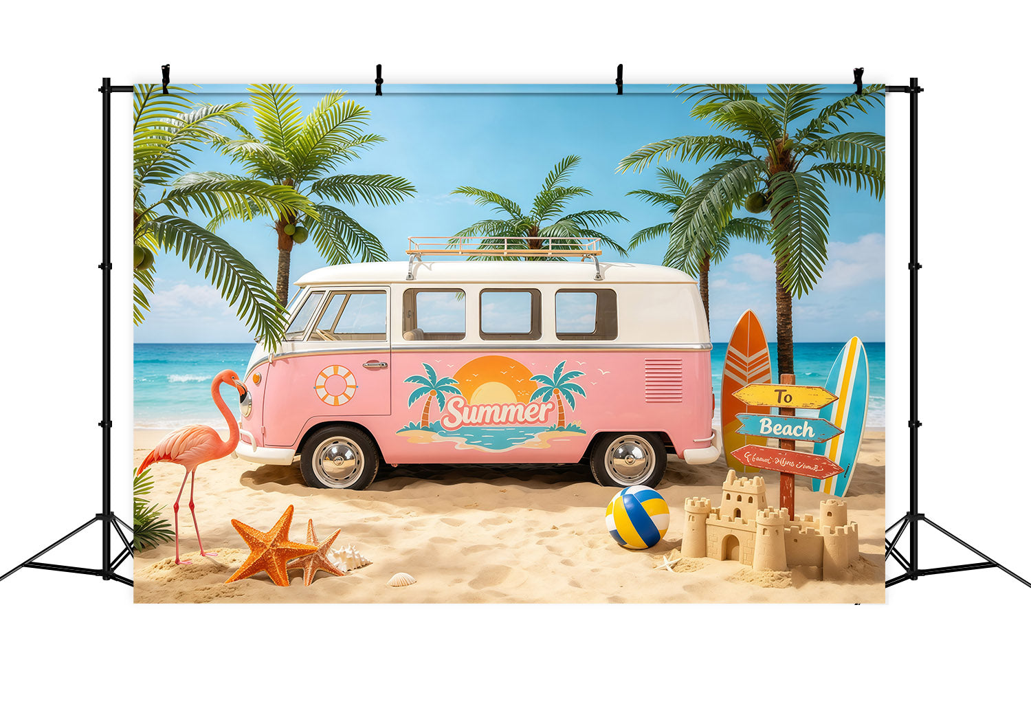 Beach Backdrop Sea Retro Van Palm Paradise Beach Photo Backdrop UK CSH64-85