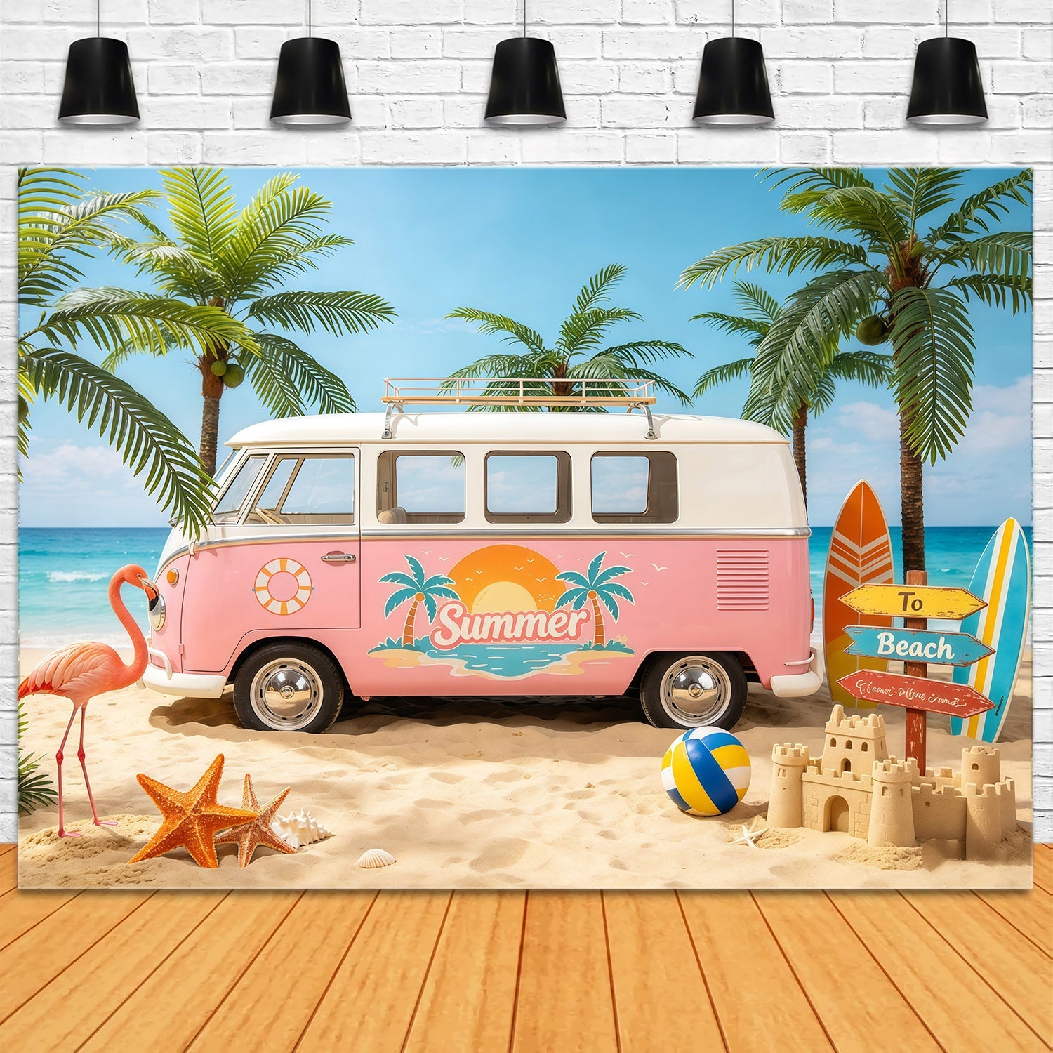 Beach Backdrop Sea Retro Van Palm Paradise Beach Photo Backdrop UK CSH64-85