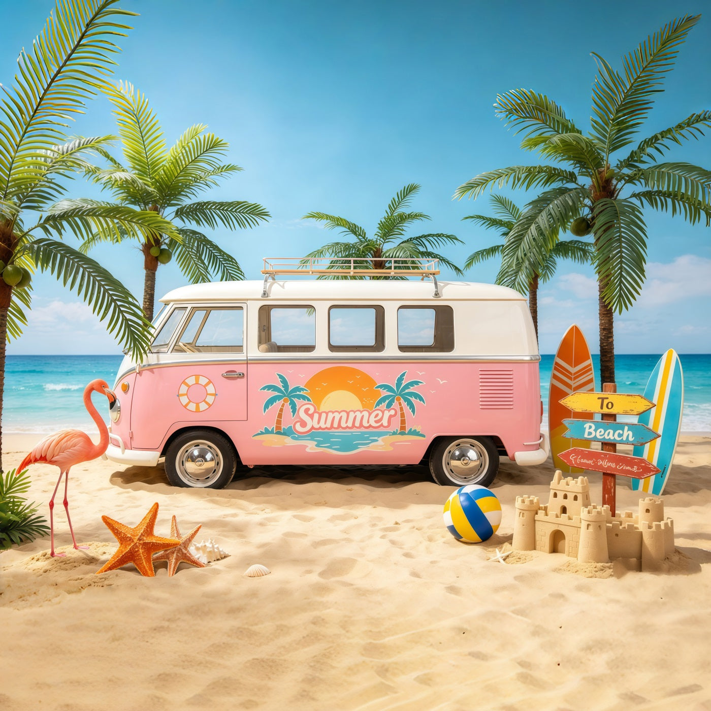 Beach Backdrop Sea Retro Van Palm Paradise Beach Photo Backdrop UK CSH64-85