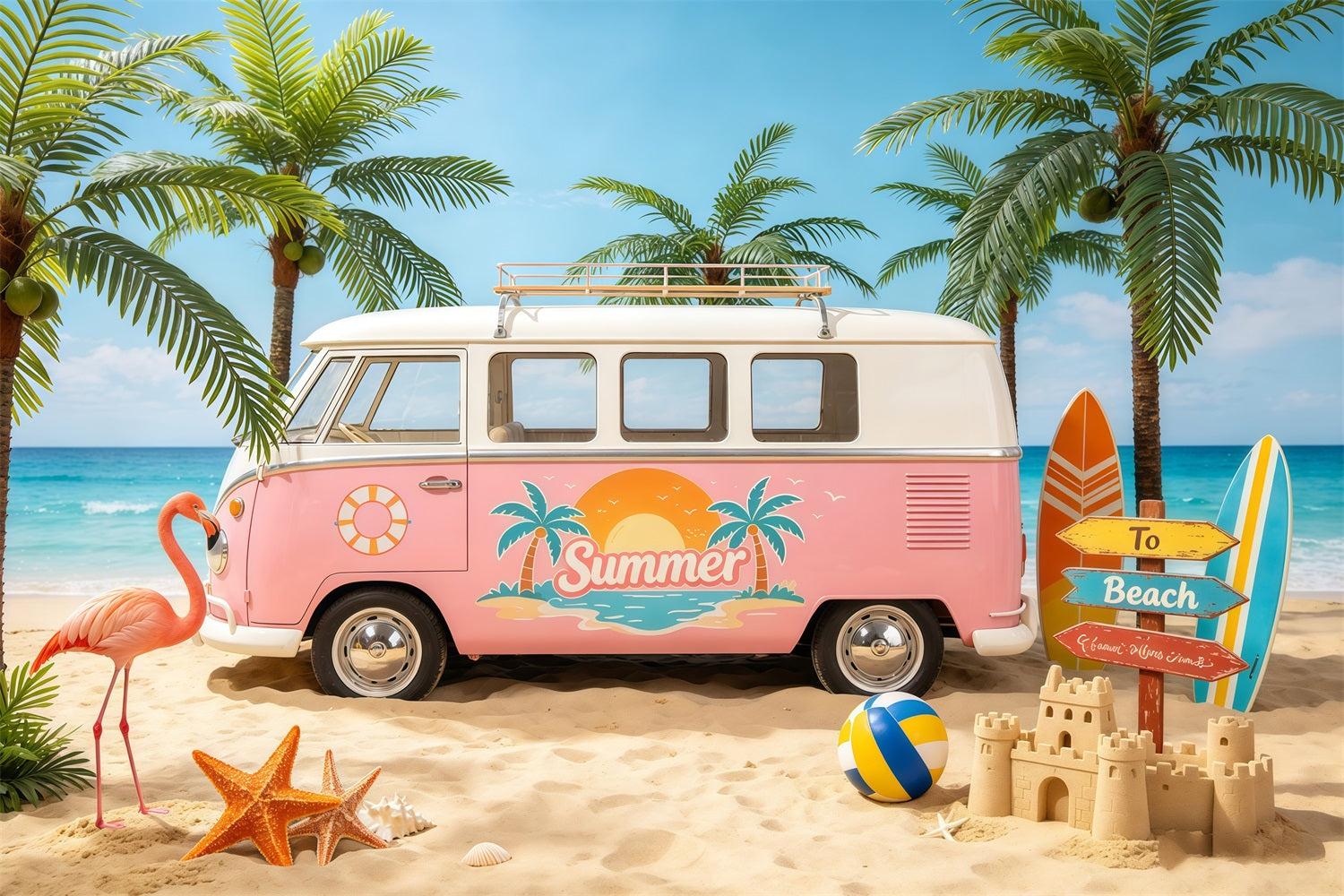 Beach Backdrop Sea Retro Van Palm Paradise Beach Photo Backdrop UK CSH64-85