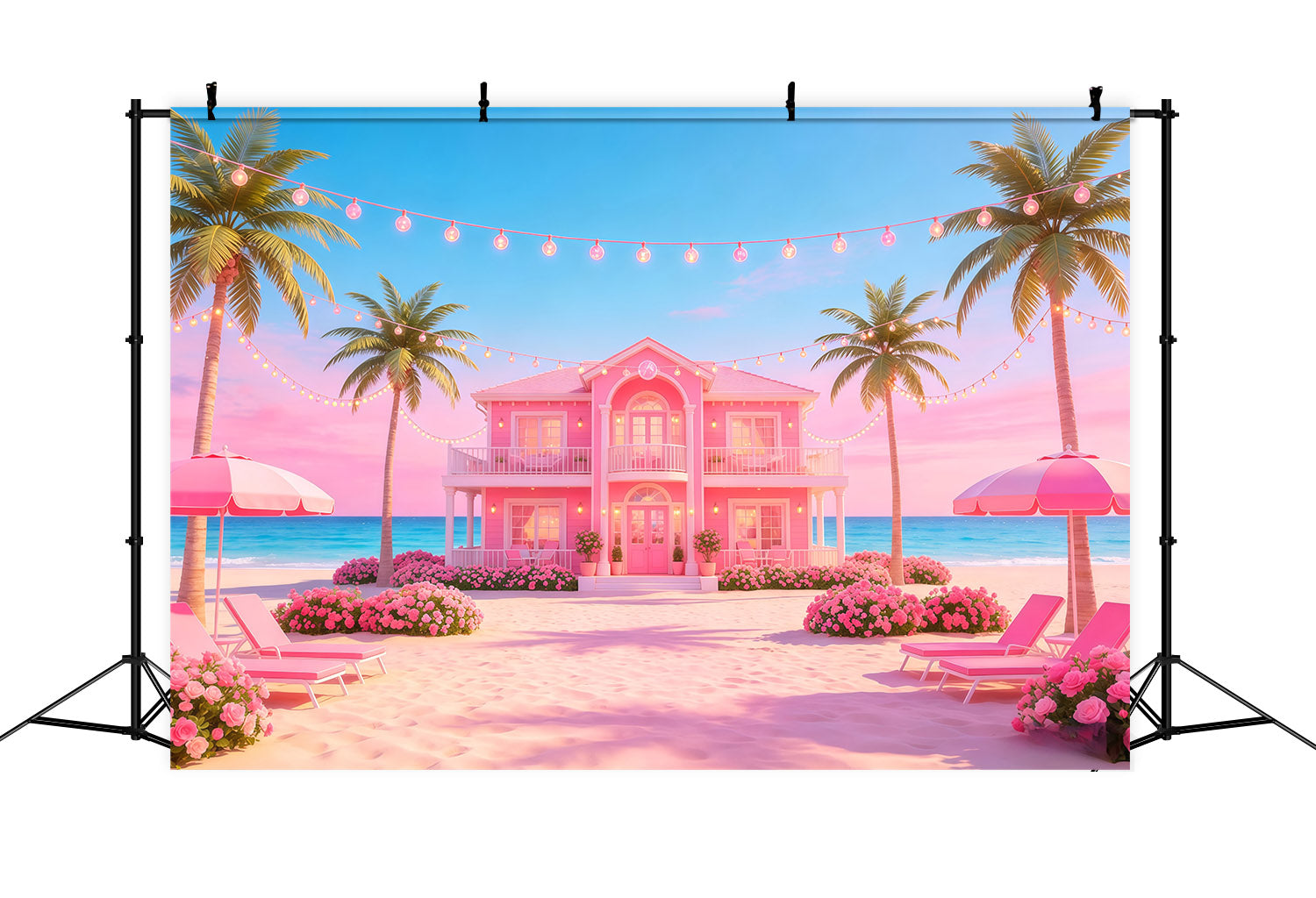 Beach Backdrop Pink Coastal Villa String Lights Beach Photo Backdrop UK CSH64-92