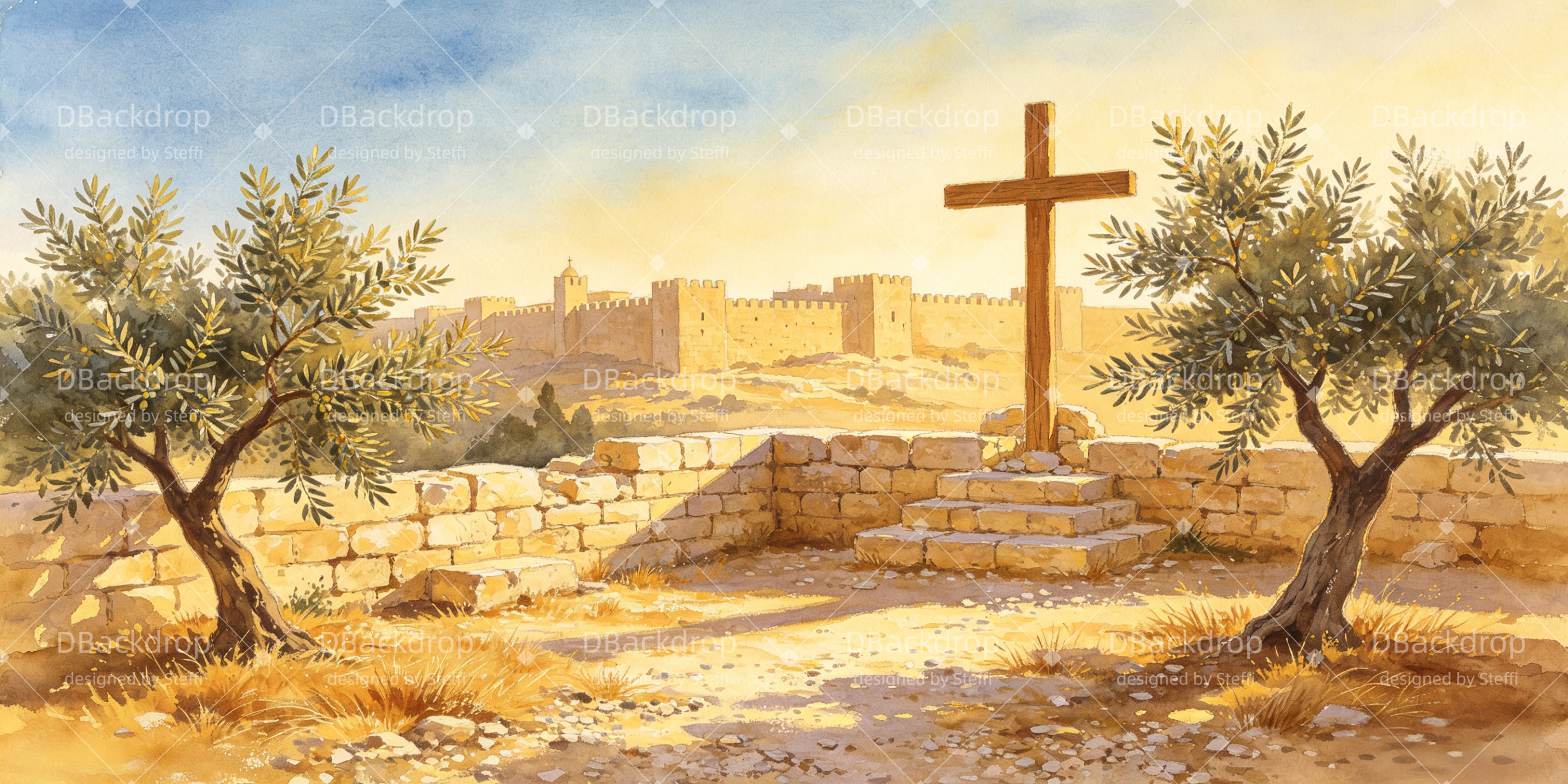 Biblical Backdrops Golden Cross Olive Grove Castle VBS Backdrops UK CSH64-T3