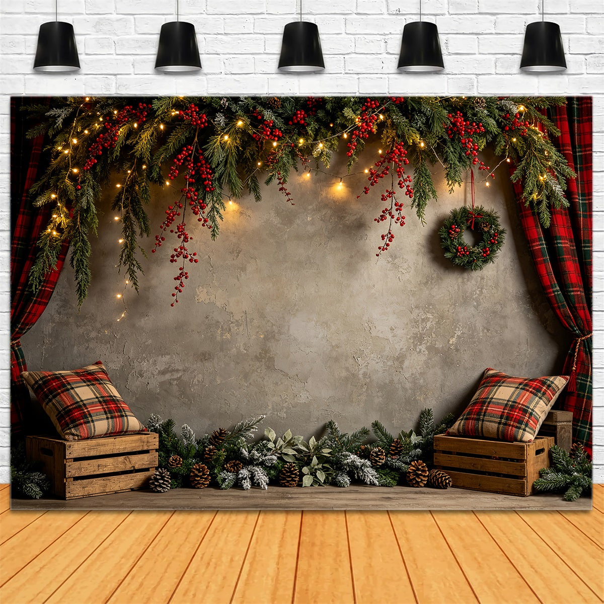 Christmas Wall Backdrop Rustic Plaid Garland Wall Photo Backdrop Christmas UK CSH68-60