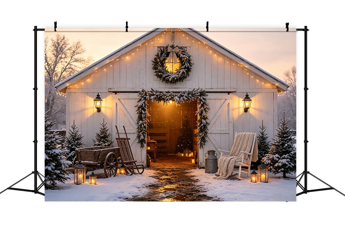 Christmas Barn Door Backdrop Winter Barn Lantern Glow Christmas Backdrops UK CSH68-62