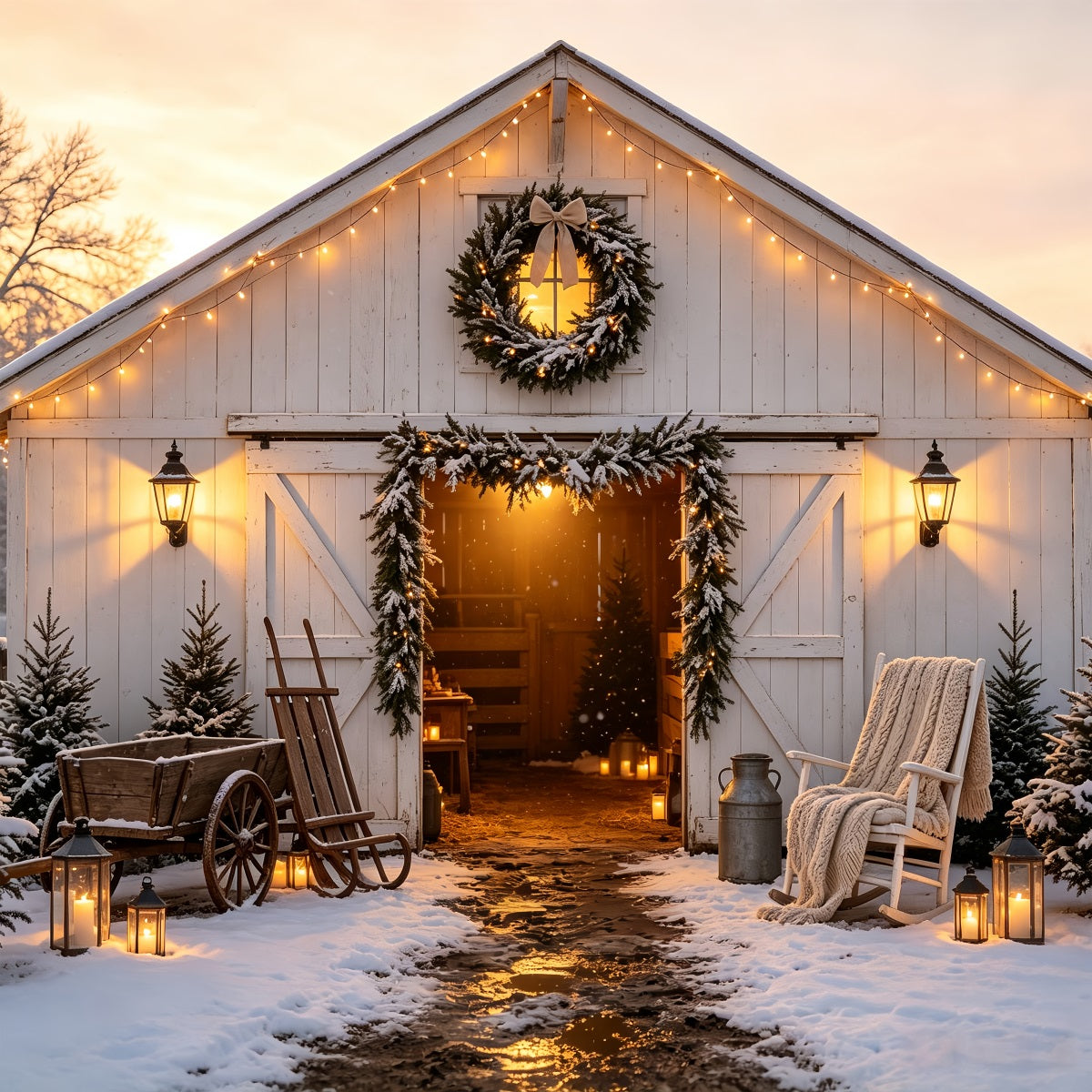 Christmas Barn Door Backdrop Winter Barn Lantern Glow Christmas Backdrops UK CSH68-62