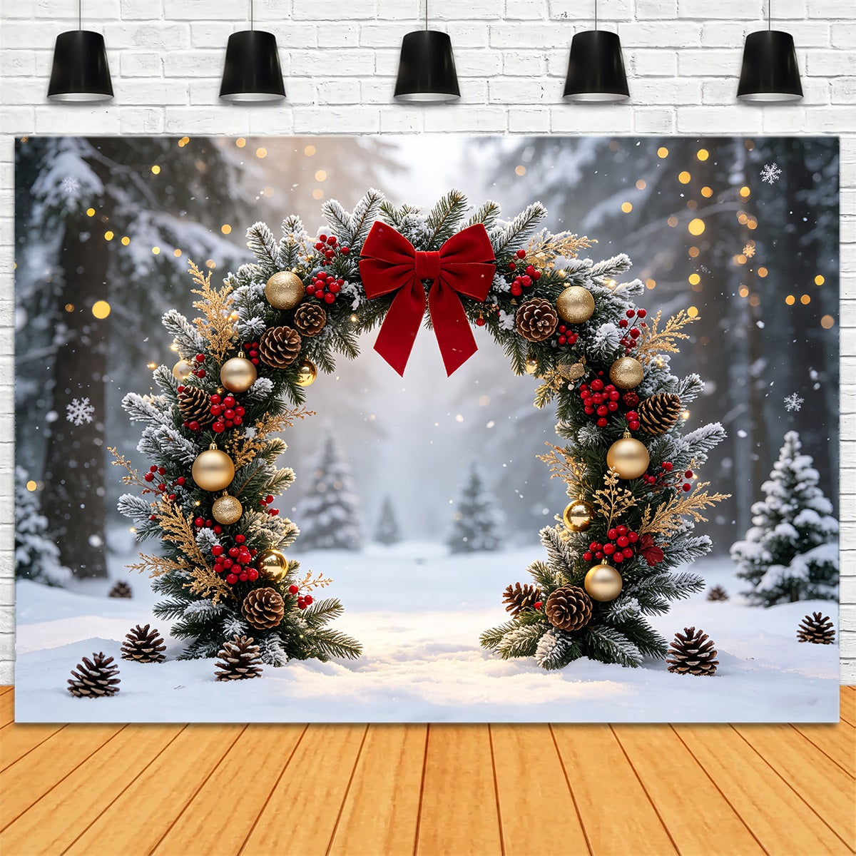 Christmas Wreath Backdrop Snowy Forest Garland Arch Photography Christmas Backdrops UK CSH68-63