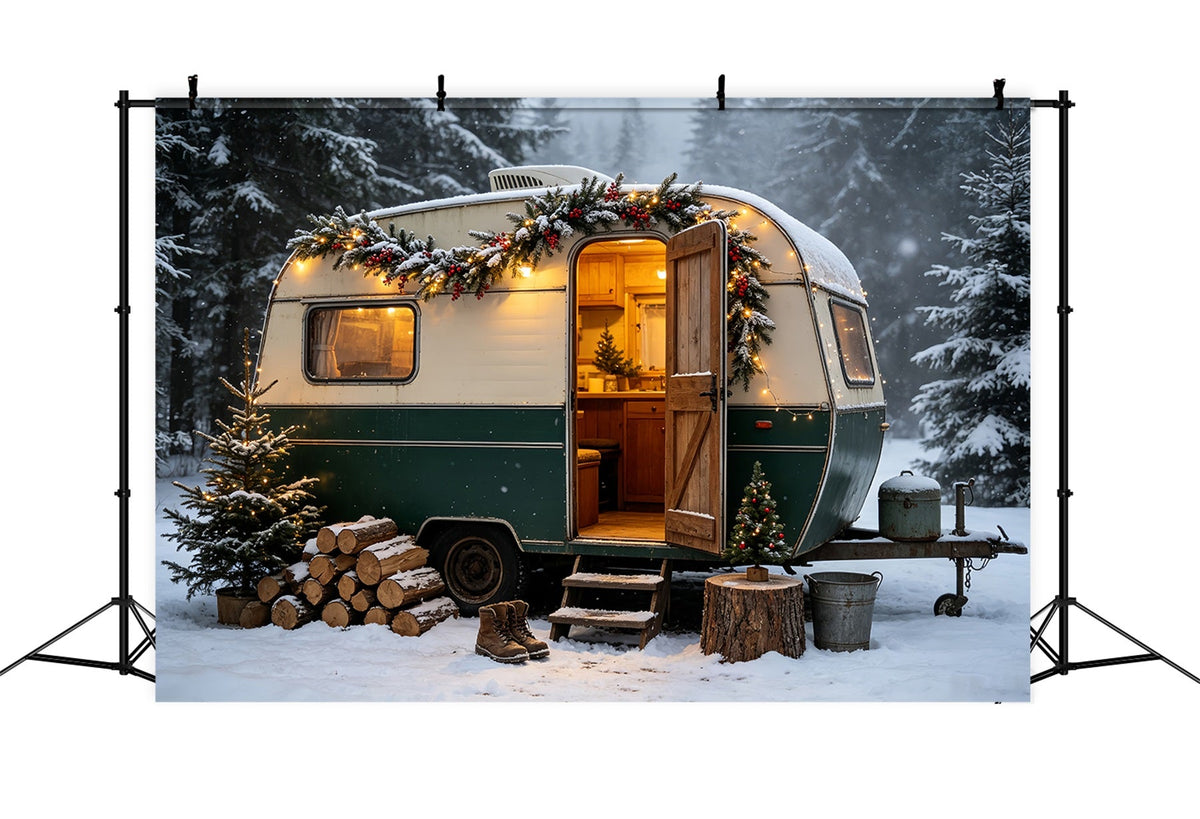 Christmas Camper Photography Backdrop Vintage Camper Woodland Backdrops Christmas UK CSH68-65