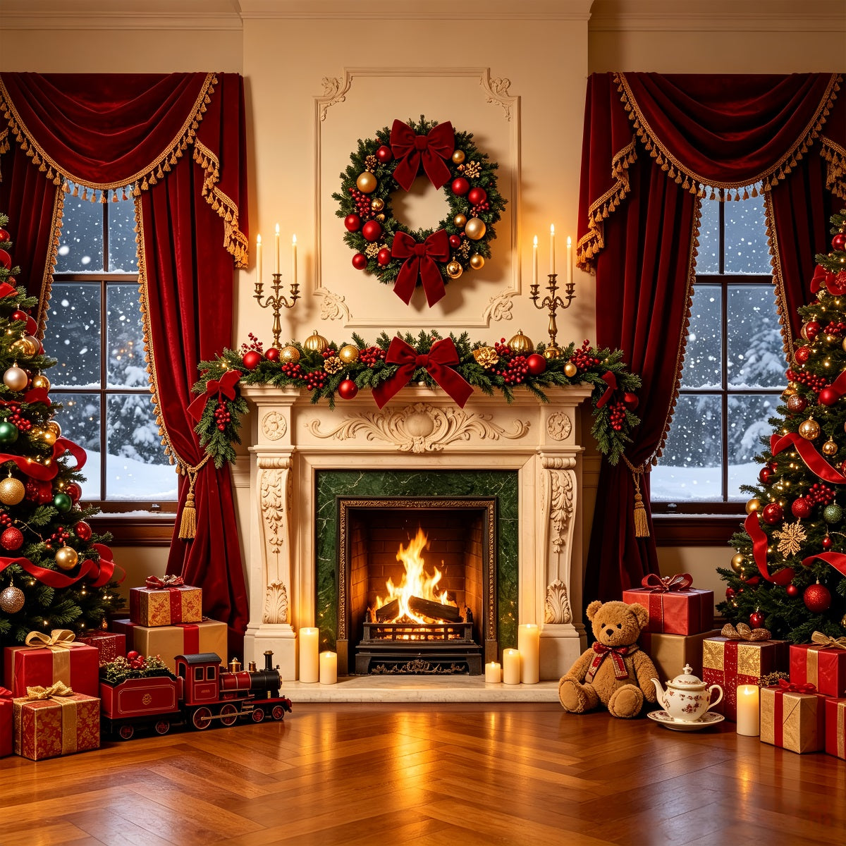 Christmas Fireplace Backdrop Luxury Window Ribbon Decor Photography Backdrop Christmas UK CSH68-71