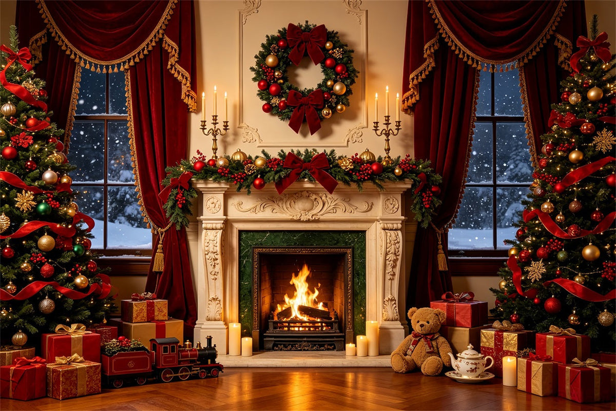 Christmas Fireplace Backdrop Luxury Window Ribbon Decor Photography Backdrop Christmas UK CSH68-71