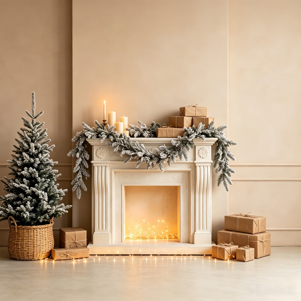 White Christmas Backdrop Snowy Fireplace Garland Indoor Christmas Backdrop UK CSH68-72
