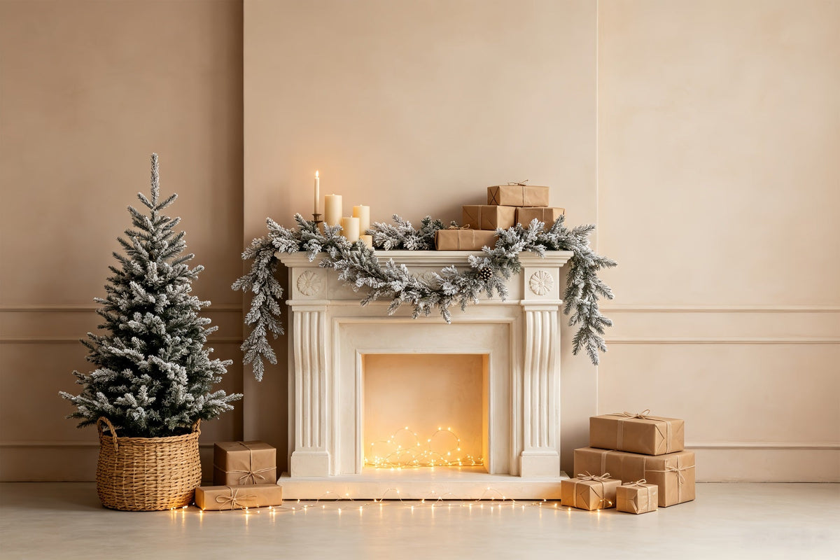 White Christmas Backdrop Snowy Fireplace Garland Indoor Christmas Backdrop UK CSH68-72