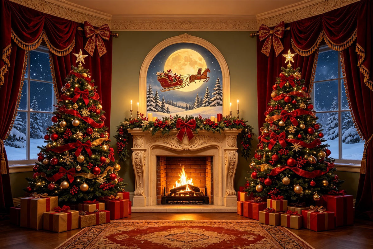 Victorian Christmas Backdrop Moonlit Fireplace Trees Photo Christmas Backdrop UK CSH68-74