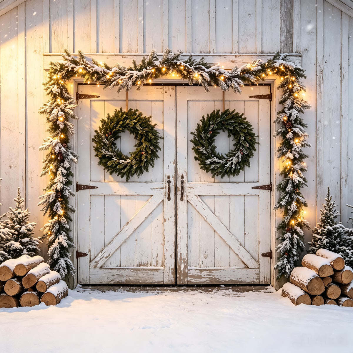 Barn Door Christmas Backdrop Snowy Barn Door Garland Wall Christmas Backdrop UK CSH68-79