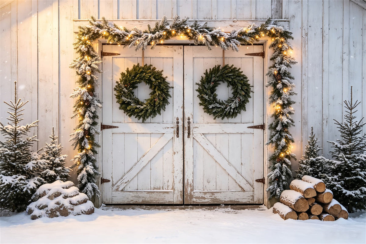 Barn Door Christmas Backdrop Snowy Barn Door Garland Wall Christmas Backdrop UK CSH68-79