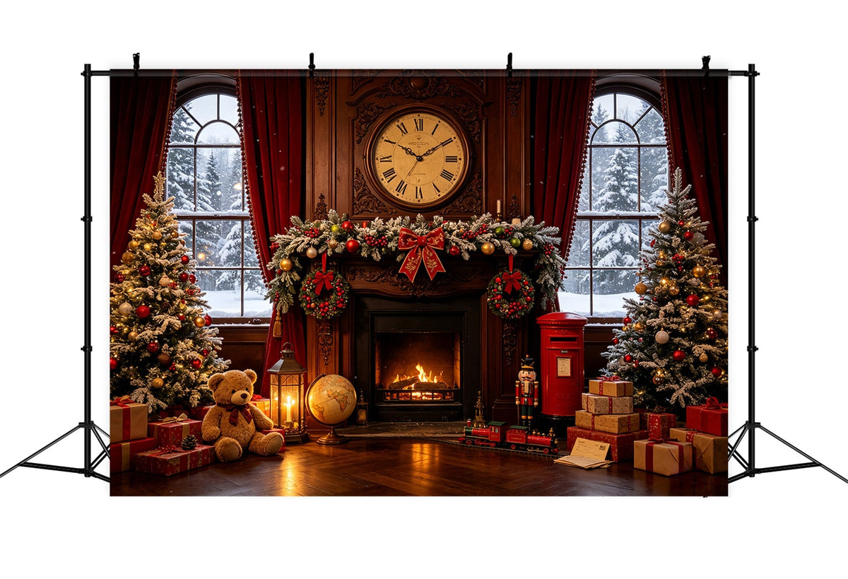 Vintage Christmas Backdrop Vintage Fireplace Clock Room Photographic Backdrops Christmas UK CSH68-87