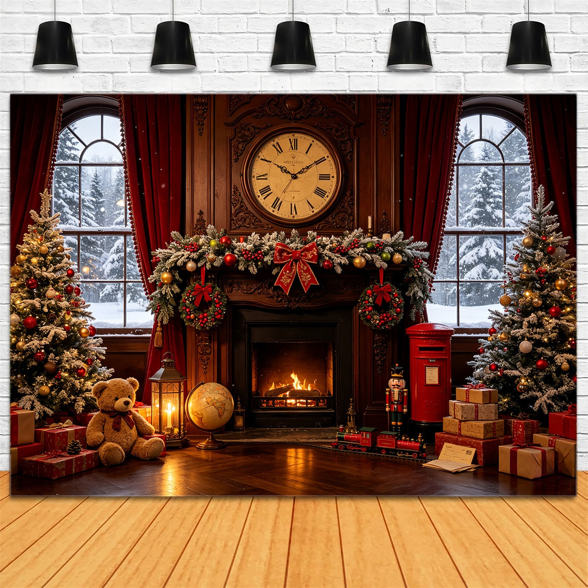 Vintage Christmas Backdrop Vintage Fireplace Clock Room Photographic Backdrops Christmas UK CSH68-87