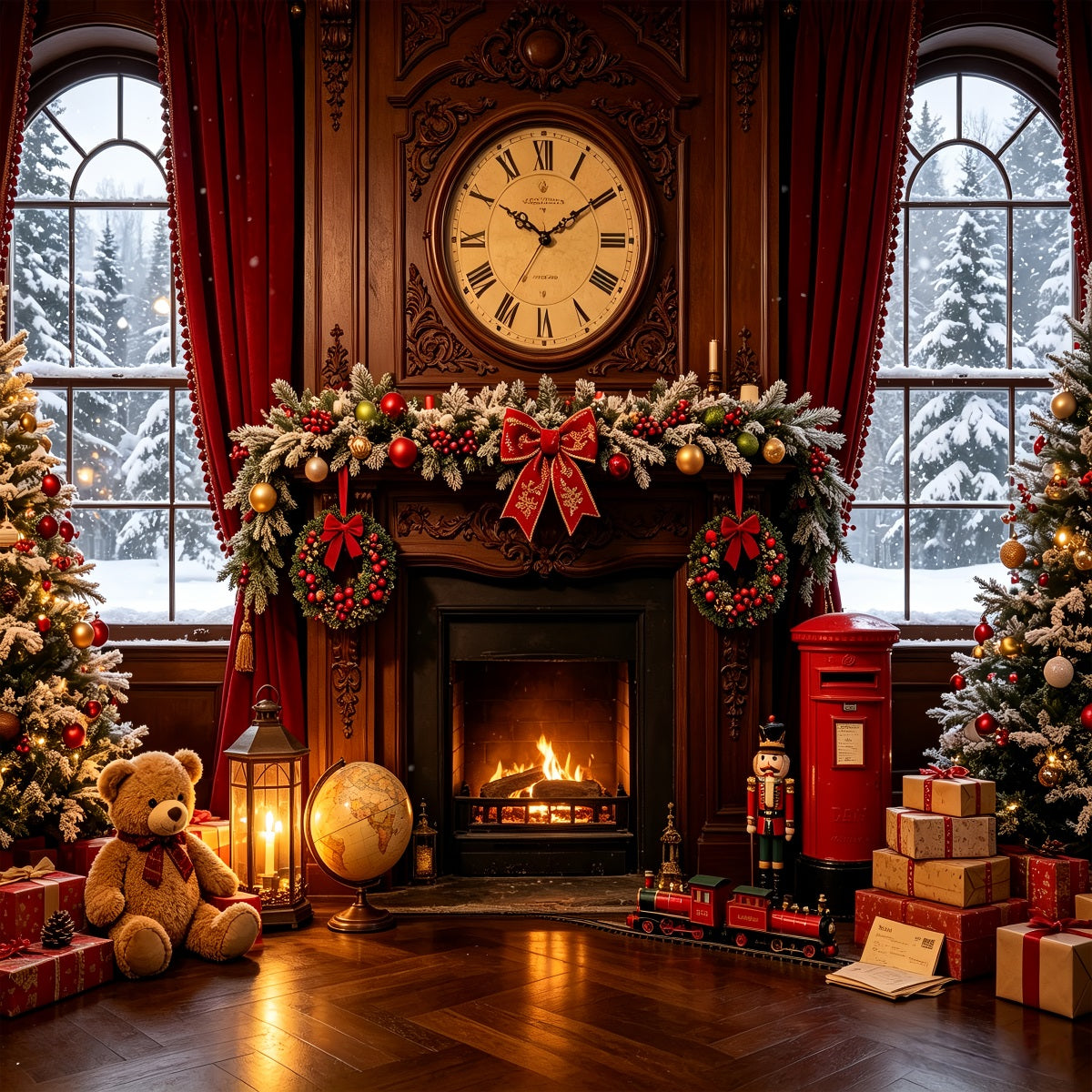 Vintage Christmas Backdrop Vintage Fireplace Clock Room Photographic Backdrops Christmas UK CSH68-87