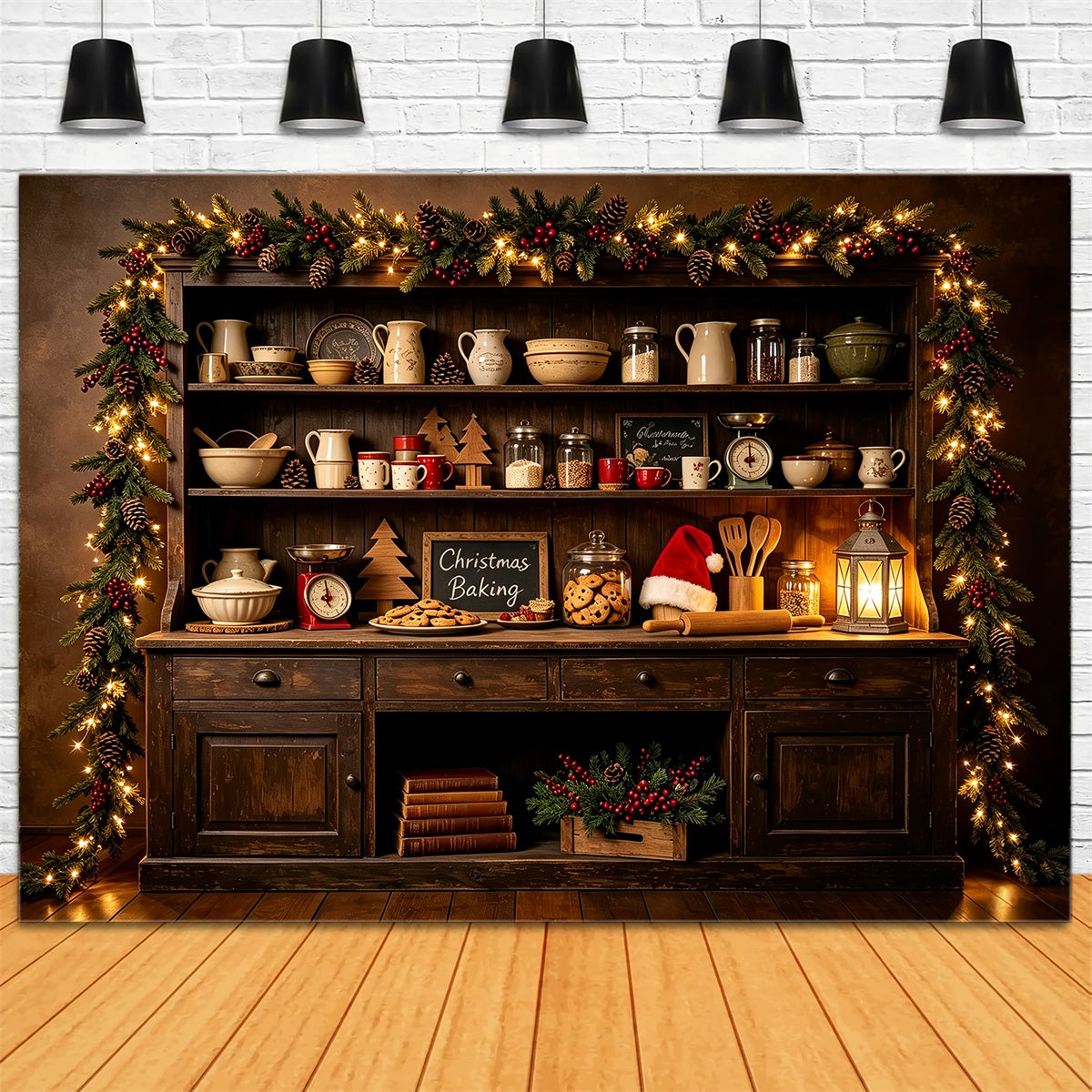 Christmas Kitchen Backdrops Dark Woodland Baking Shelf Christmas Photography Backdrop UK CSH68-94