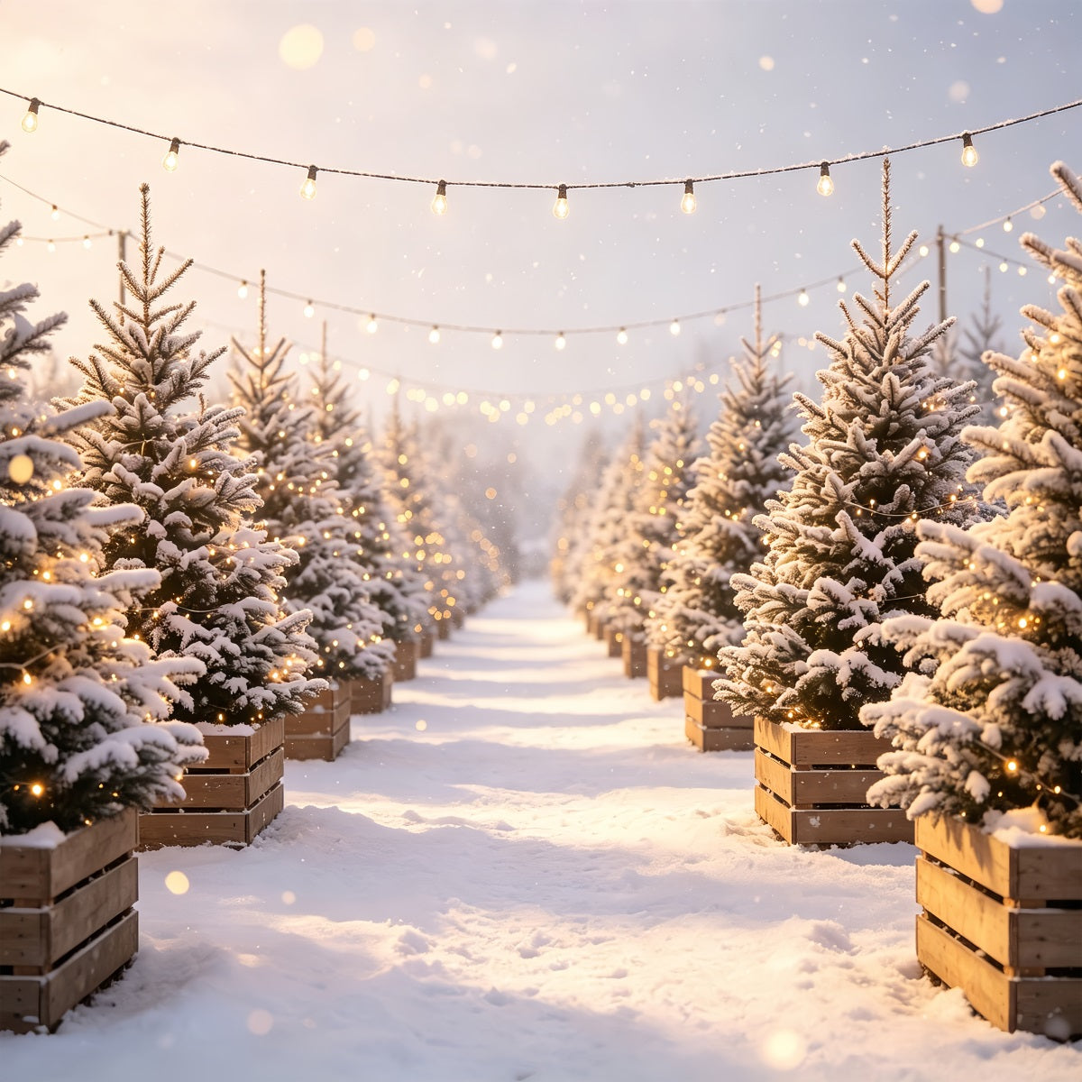 Christmas Tree Farm Backdrop Snowy Pine Light Path Photo Backdrop Christmas UK CSH68-97