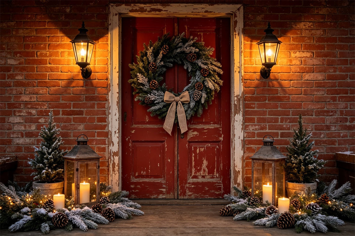 Christmas House Backdrop Brick Door Wreath Entrance Christmas Wall Backdrop UK CSH68-99