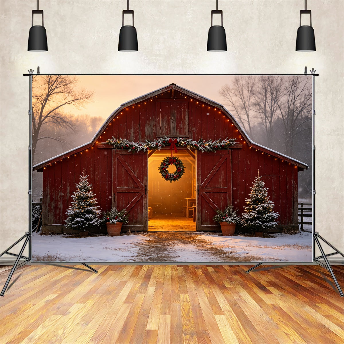 Christmas Farm Backdrop Snowy Red Barn Entrance Christmas Muslin Backdrop UK CSH69-17