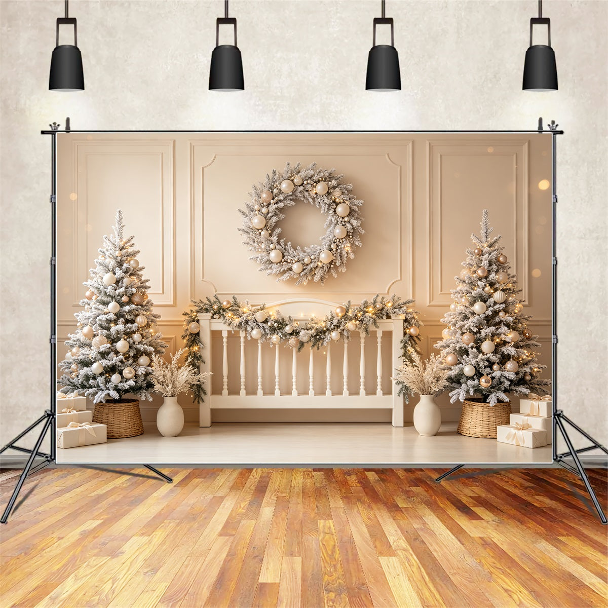 Christmas Headboard Backdrop Ivory Frosted Wreath Display Christmas Photo Backdrops UK CSH69-29