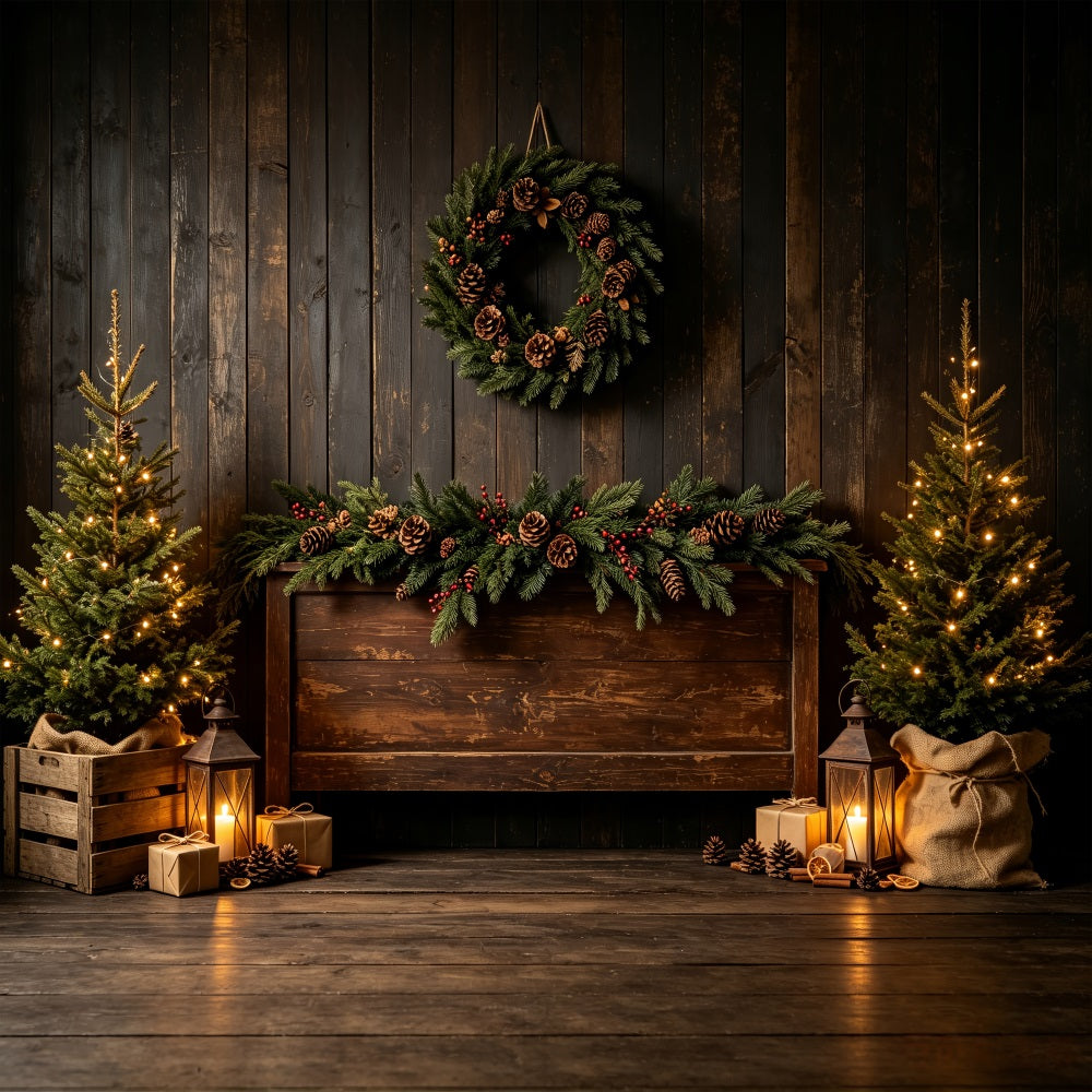 Wooden Christmas Backdrop Rustic Pine Lantern Display Backdrop Christmas UK CSH69-30