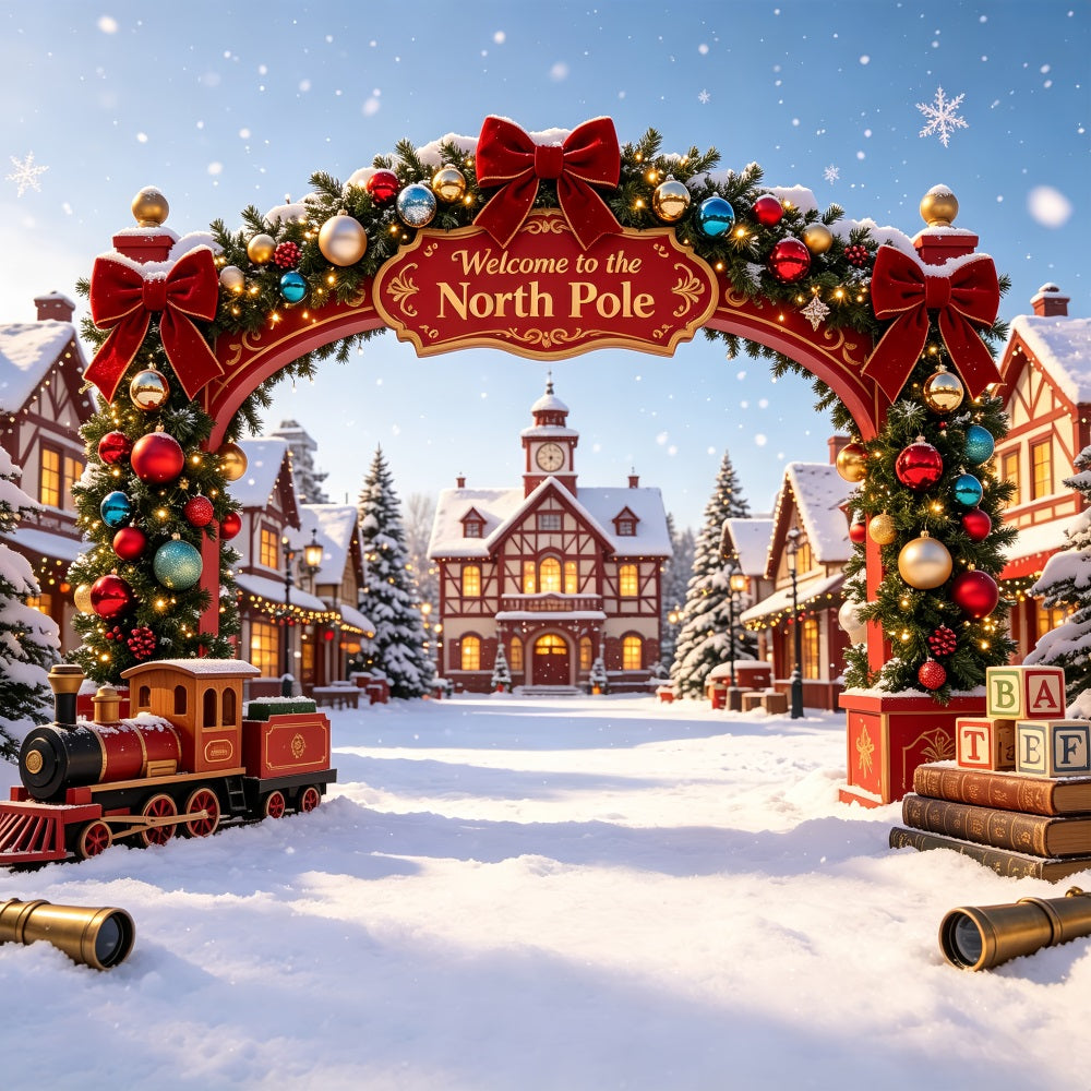 North Pole Christmas Backdrop Snowy Village Gateway Christmas Photography Backdrop UK CSH69-31