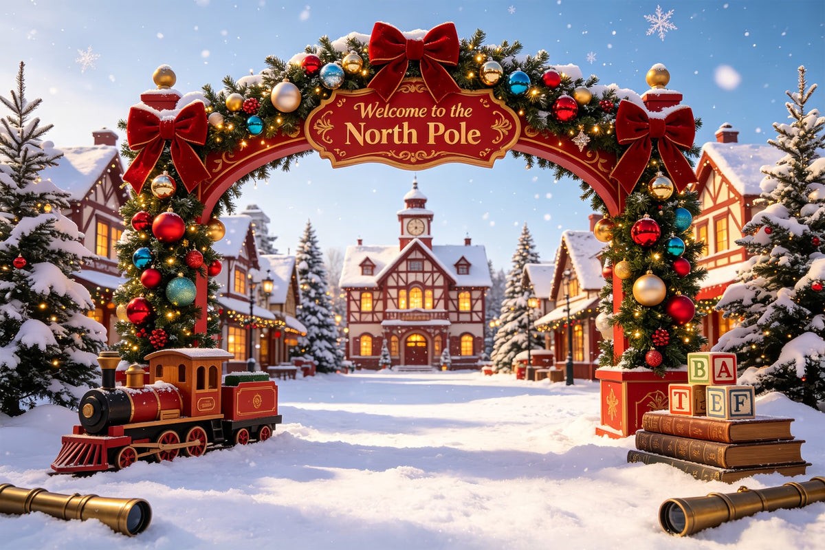 North Pole Christmas Backdrop Snowy Village Gateway Christmas Photography Backdrop UK CSH69-31