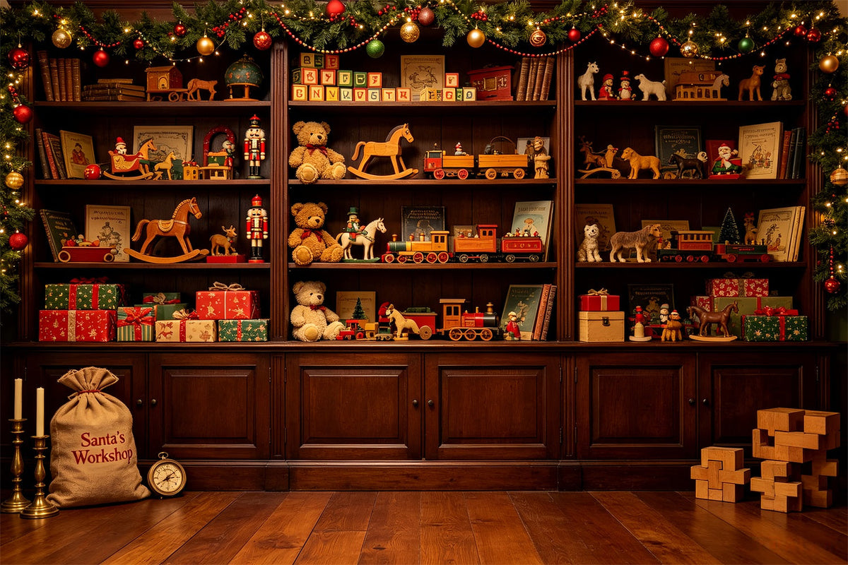 Indoor Christmas Backdrop Vintage Toy Workshop Shelves Professional Christmas Backdrops UK CSH69-32