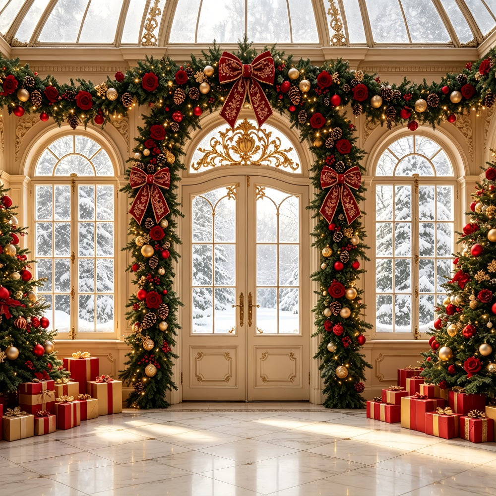 Christmas Living Room Backdrop Rose Garland Grand Entrance Christmas Wall Backdrops UK CSH69-43