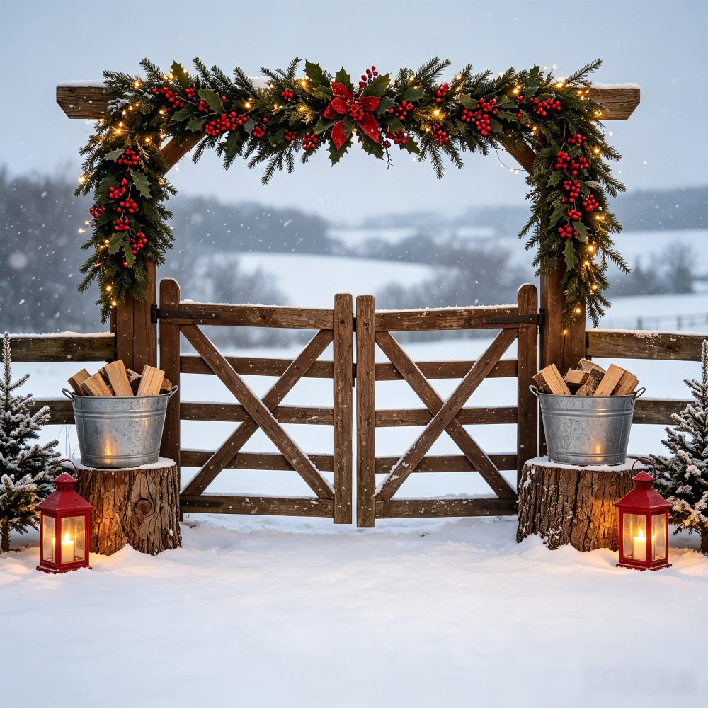 Country Christmas Backdrop Snowy Garland Farm Gate Photo Christmas Backdrops UK CSH69-49