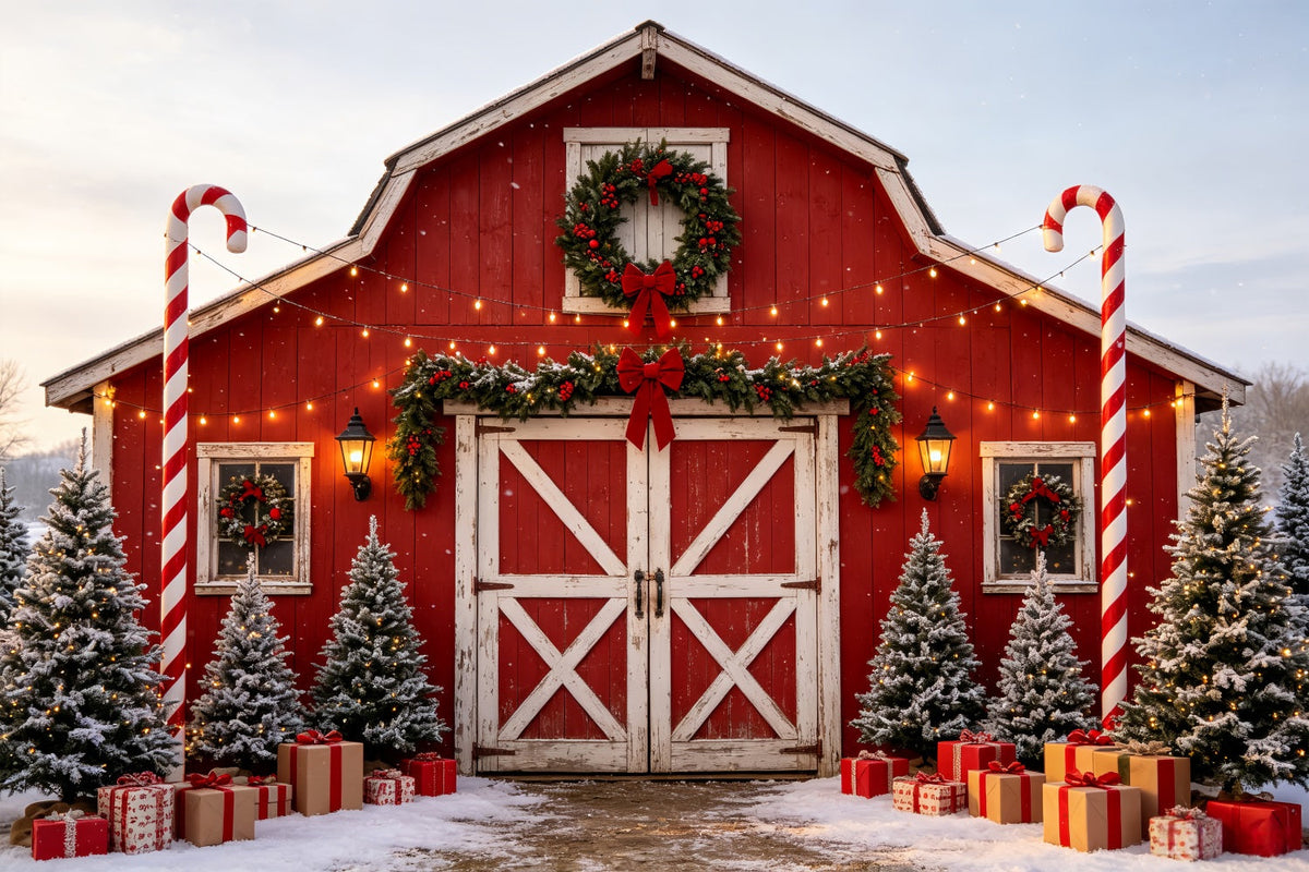 Christmas Farm Backdrop Candy Cane Barn Entrance Christmas Studio Backdrops UK CSH69-50