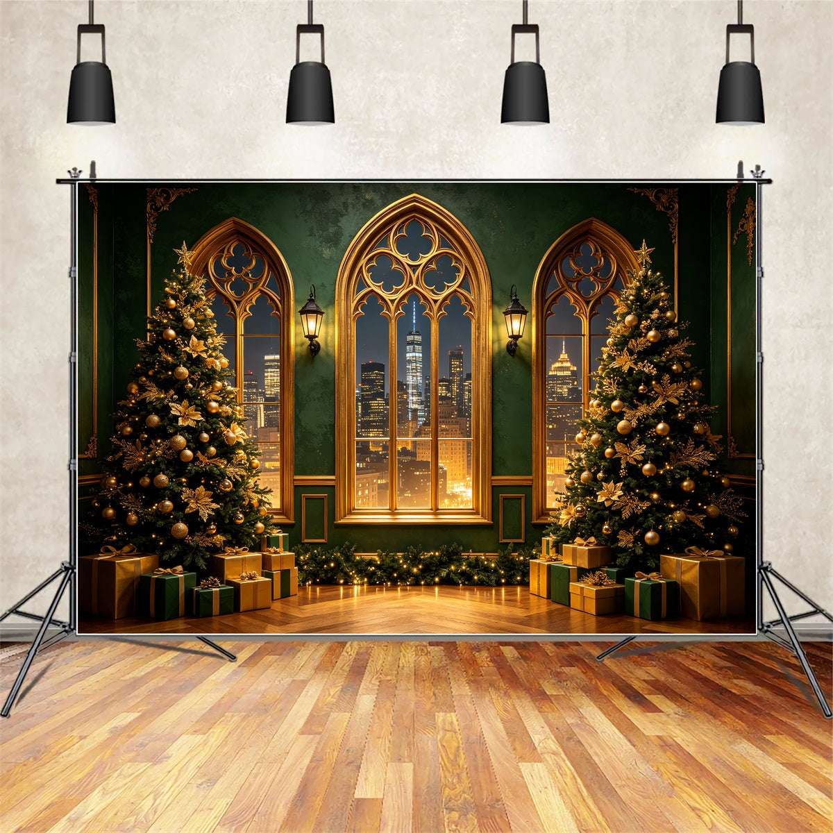 Modern Christmas Backdrop Golden Gothic City View Studio Christmas Backdrop UK CSH69-51