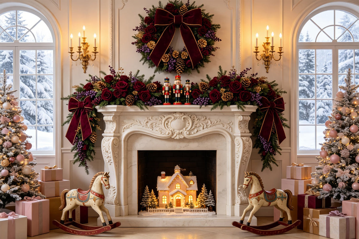Christmas Fireplace Backdrop Burgundy Rose Mantel Decor Christmas Muslin Backdrop UK CSH69-54