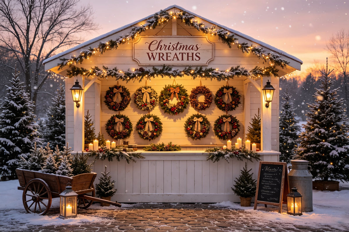 Christmas Wreath Backdrop Snowy Wreath Market Stall Christmas Wall Backdrops UK CSH69-6
