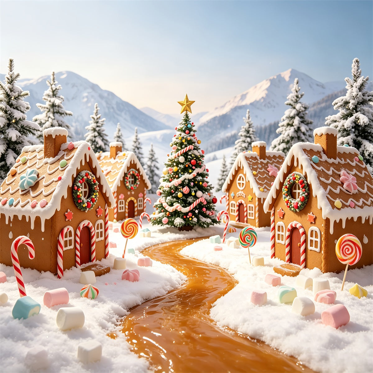 Gingerbread House Backdrop Candyland Snowy Village Gingerbread House Backdrops UK CSH69-76