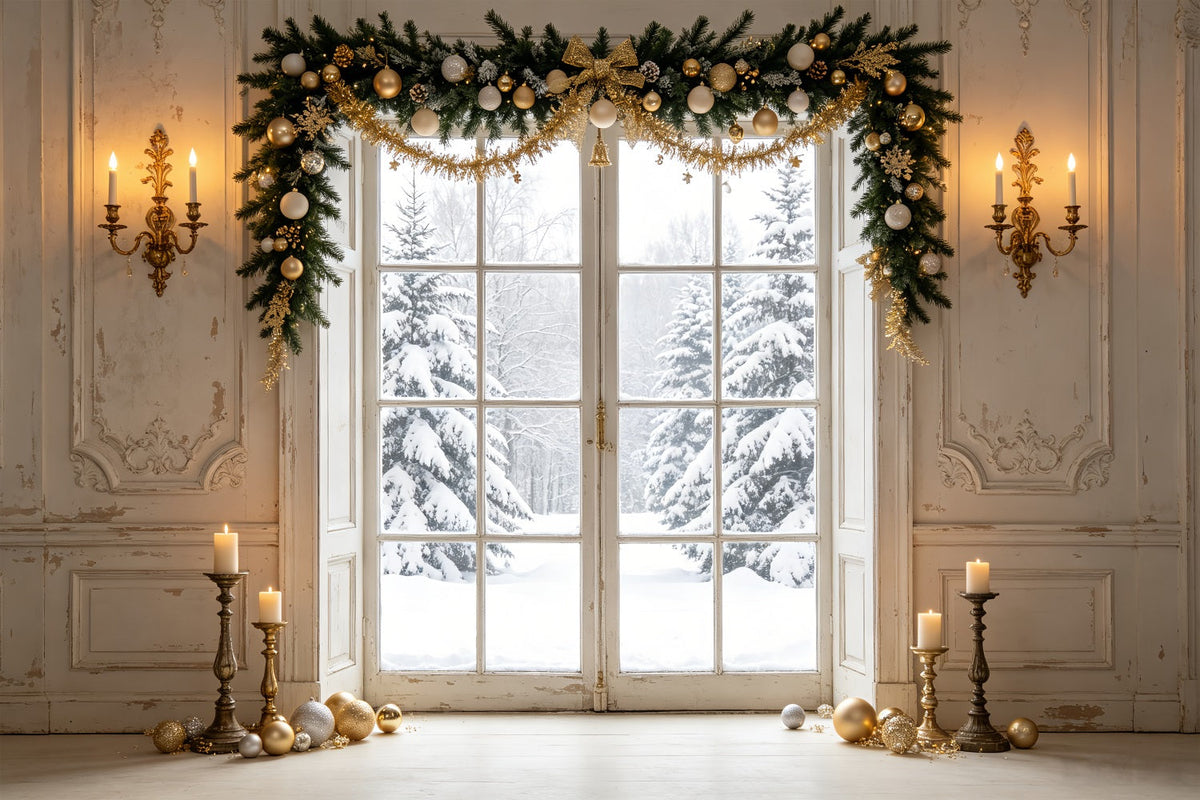 Christmas Window Backdrop Winter Pine Door View Christmas Portrait Backdrop UK CSH69-80