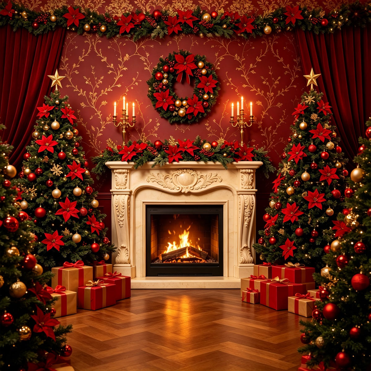 Christmas Backdrops For Stage Elegant Red Curtain Fireplace Christmas Backdrop For Party UK CSH69-83