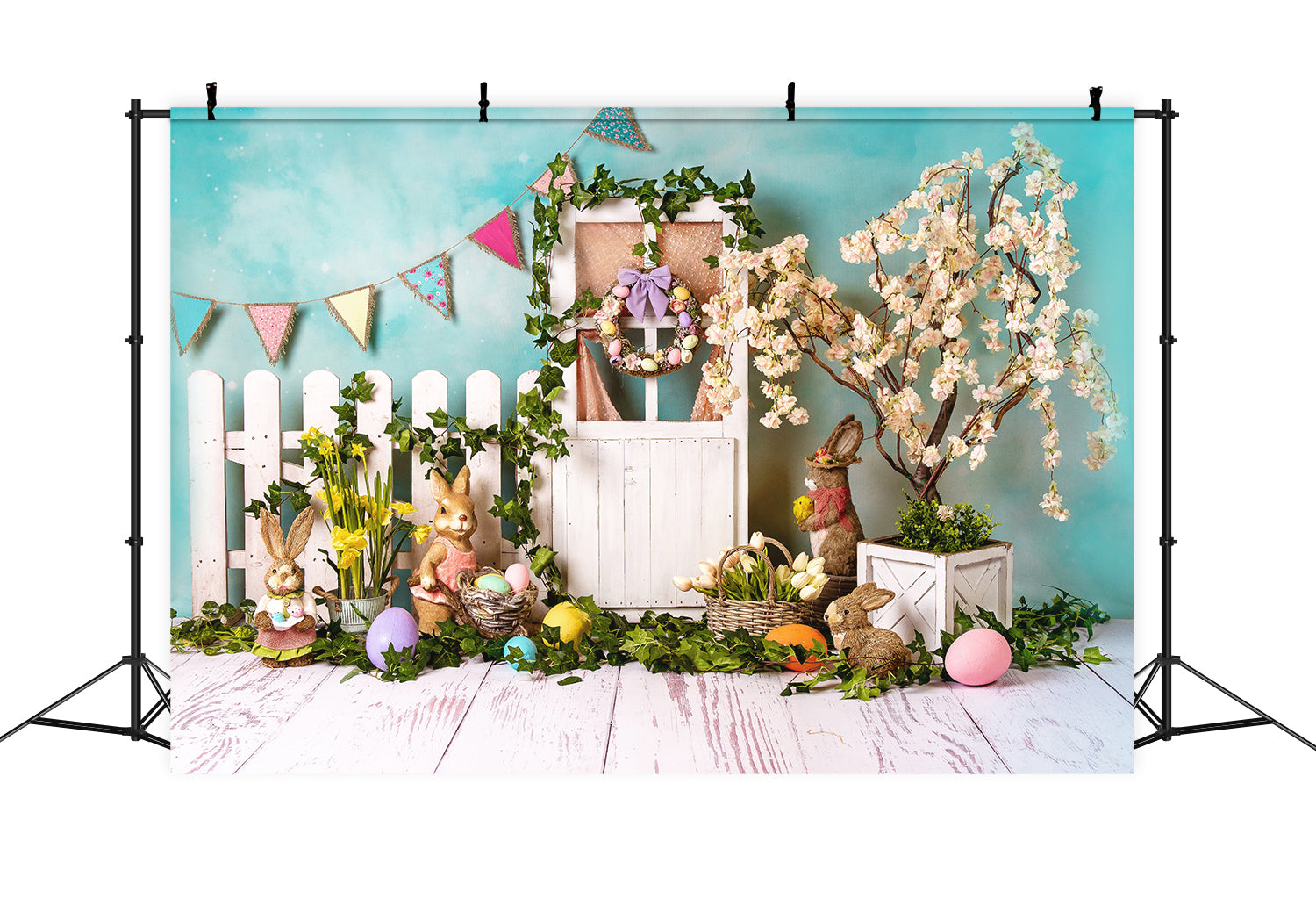 Easter Bunny Eggs Colorful Flowers Backdrop UK D1053