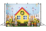 Cartoon Barn House Bunny Flowers Backdrop UK D1067