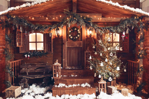 Snowy Cozy Wooden House Winter Backdrop D988