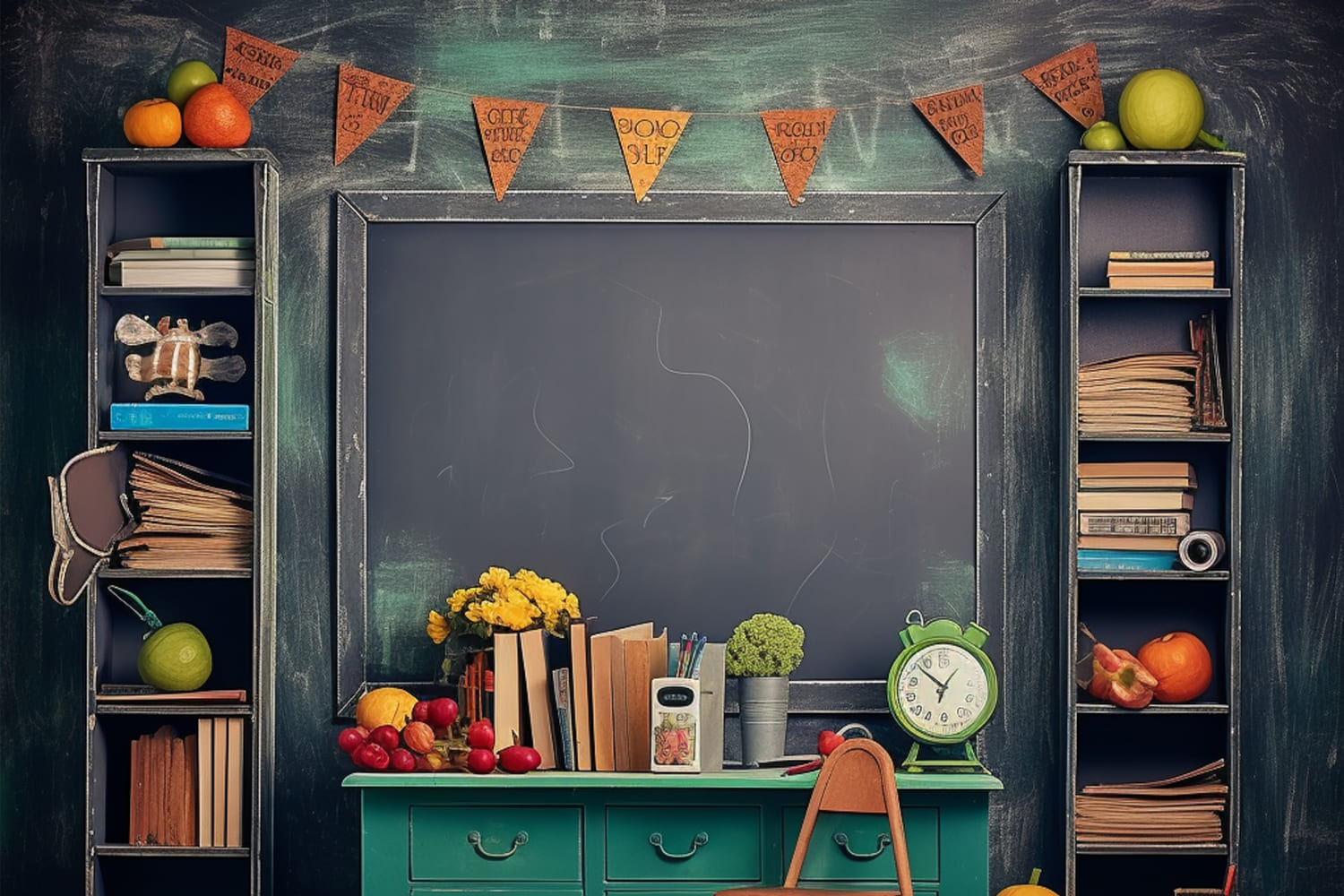 Clock Fruits On Desk Back to School Backdrop UK DBD7-50